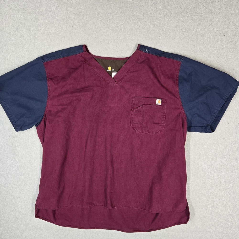 Carhartt‎ Men Scrub Top 3X Burgundy Colorblock Ripstop Logo Pocket Short Sleeve
